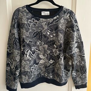 ZARA Navy and Gray Floral Jacquard Crewneck Sweater